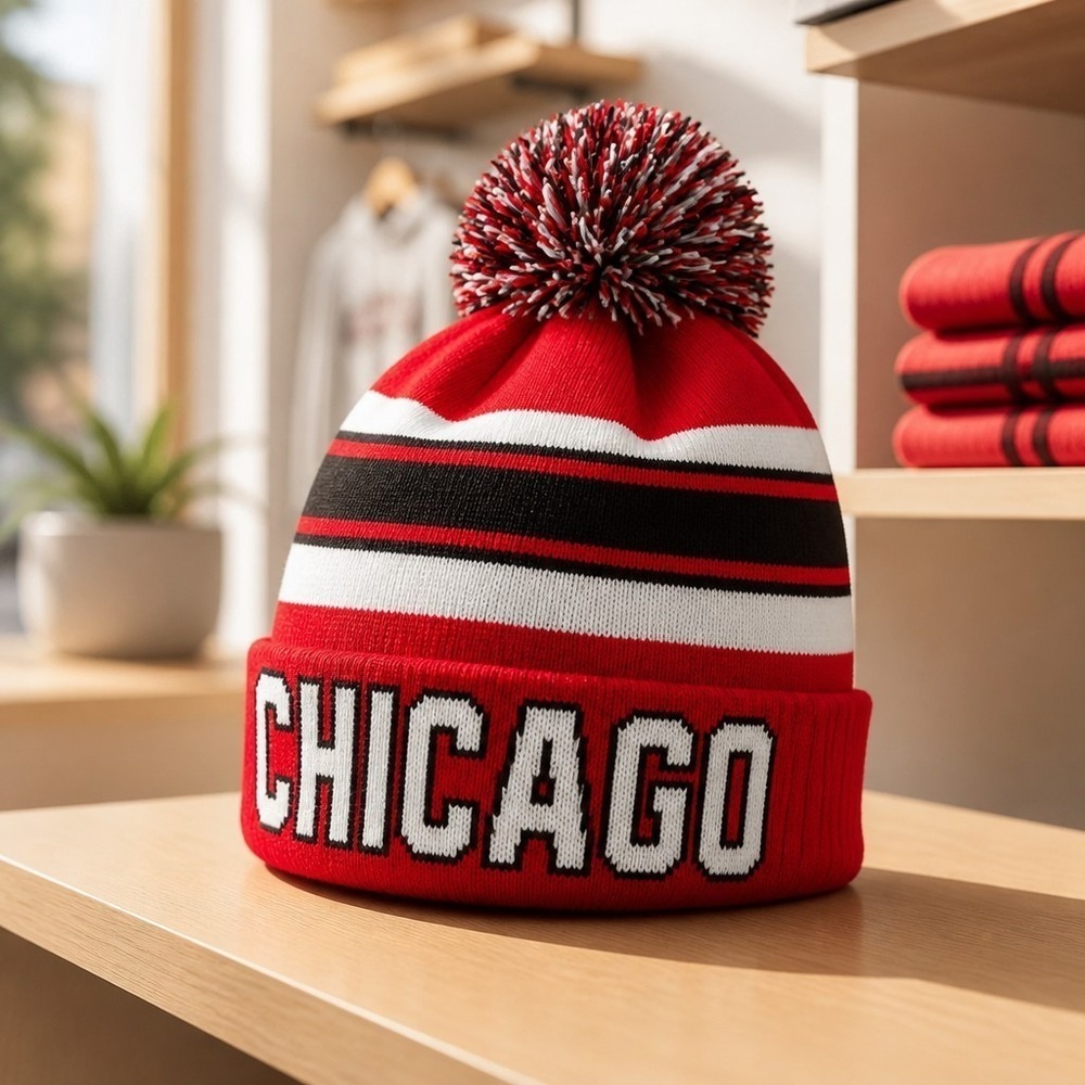 Chicago Bulls Knit Beanie Pom Pom Hat Red Black White NBA Basketball One Size